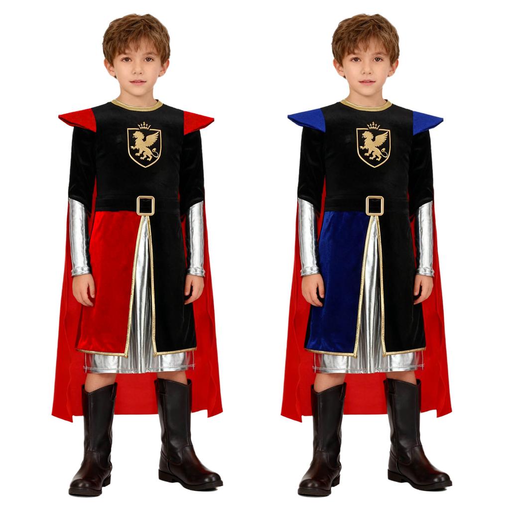 Jungen Ritterkostüm Metallischer Glanz Patchwork-Oberteil Hinten Unsichtbarer Reißverschluss Langarm Abnehmbarer Umhang Cosplay Outfit