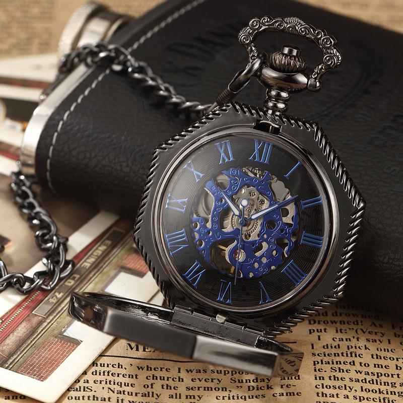 Skeleton Pocket Watch Engraved Octagonal Mechanical Pocket Watch Vintage Roman Blue Numerals