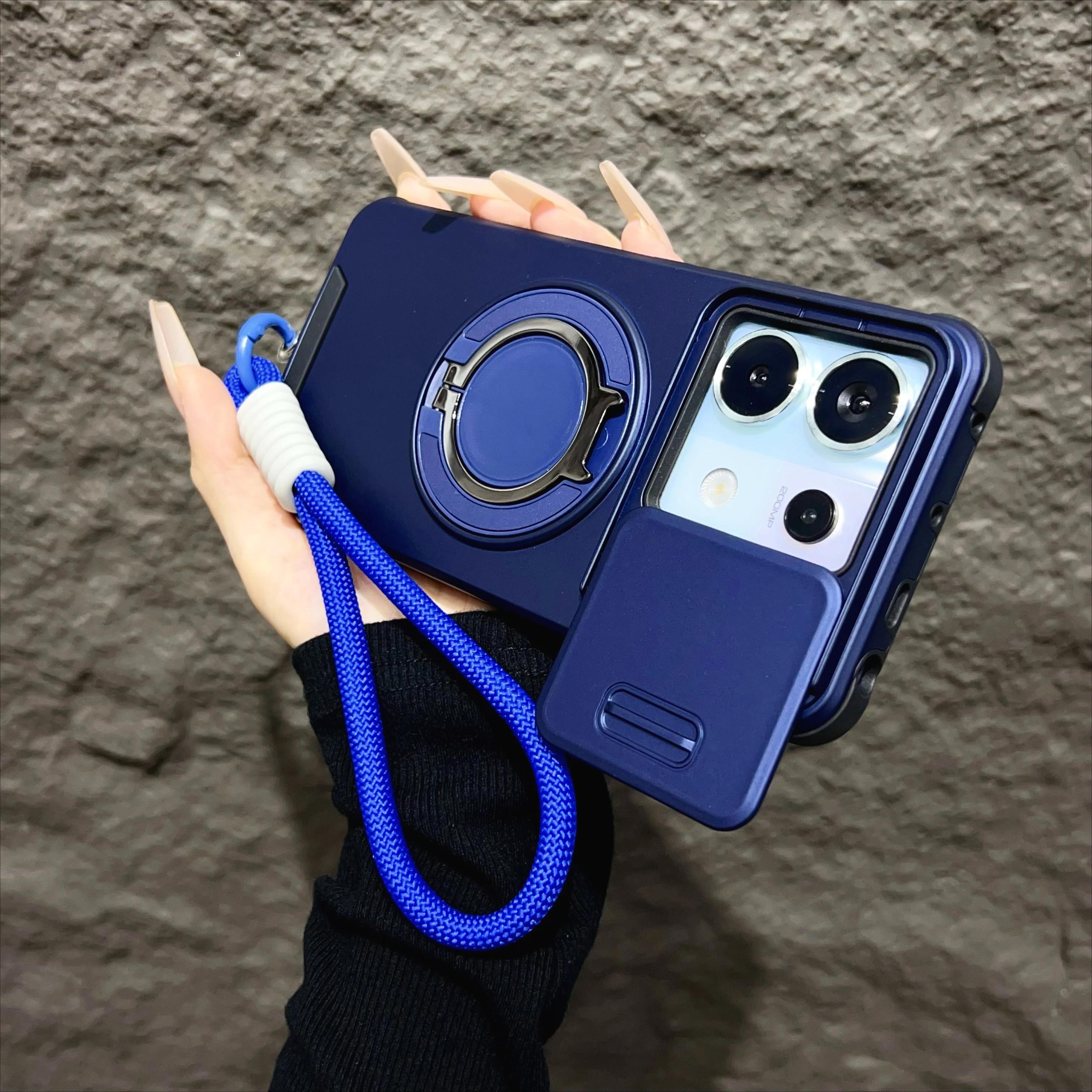 

Магнитный чехол-броня для Redmi Note 14 13 Pro Plus 5G 4G Xiaomi 13 14T Pro со шнурком, сдвижная защита камеры, противоударный чехол Redmi NOTE14 4G синий