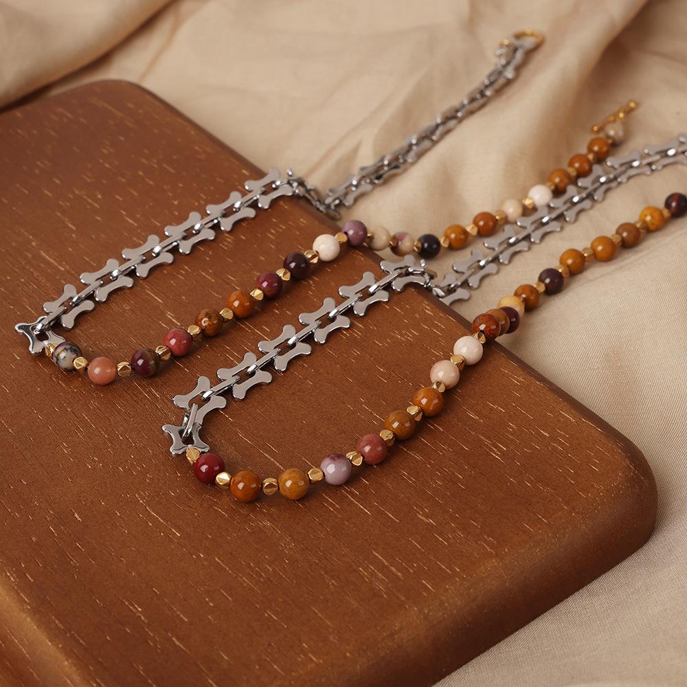 Natural Stone Beads Necklace For Women Handmade Beaded Splicing Stainless Steel Link Chain Chunky Necklaces Woman Jewelry