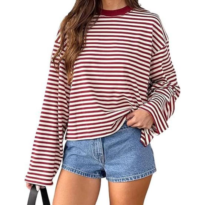 Women Retro T-shirt Long Sleeve Crew Neck Loose Ladies Fall Casual Striped Top Streetwear