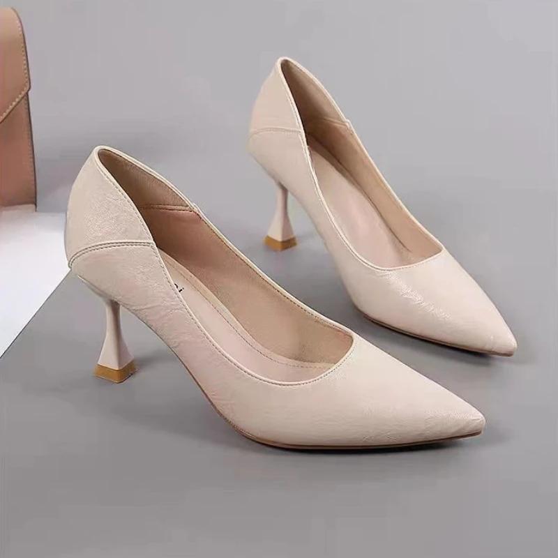 Women's Fashion Slim Heel Shoes Fall New Pointy Toe Shallow Mouth A Slip-on Temperament High Heel Low Top Shoes
