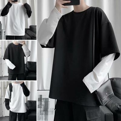 Männer T-shirt Gefälschte Zwei Stück Rundhals Langarm Kontrast Farbe Pullover Frühling Lose Patchwork Bodenbildung Shirt Streetwear