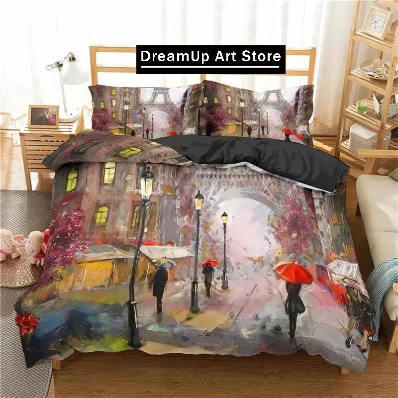 Eiffel Tower Duvet Cover Romantic Couple Flower King Comforter Cover Microfiber France Paris Cityscape Bedding Set For Girl Teen