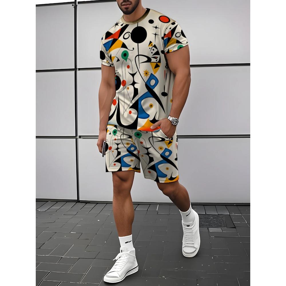 Men s Fashion Geometric Print Short-Sleeve Set, Summer Casual Sportswear 2pcs Set S