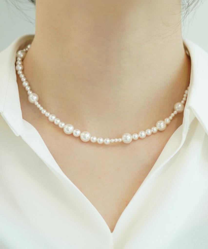 Alleun Swarovski Pearl Bead Necklace Silver 925 Asymmetrical