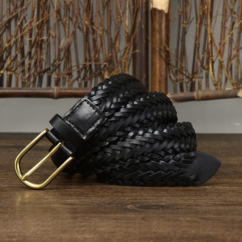 Men's Genuine Leather Braided Belt Cowhide Handmade Woven Pin Buckle Couple's Casual All-match Belt