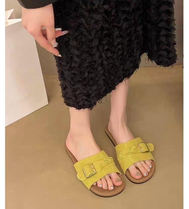 

Retro open-toed one-word slippers for women to wear new flat-bottomed half-tow niche cool slippers 40 світло-зелений колір