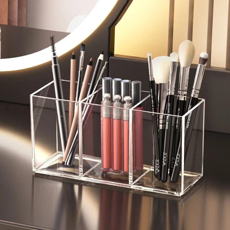Large Capacity Acrylic Pen Holder - Multi-Function Transparent Divided Storage Box, Desktop Stationery Organizer