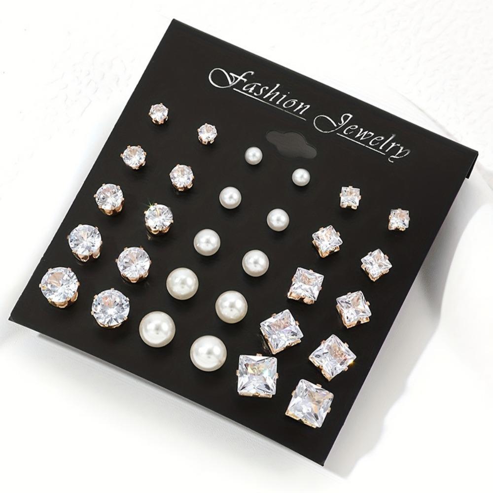 15 Pairs Classic Luxury Geometric Six Claw Zircon Crystal Pearl Stud Earrings Sets for Women Daily Wear Piercing Jewelry Gifts
