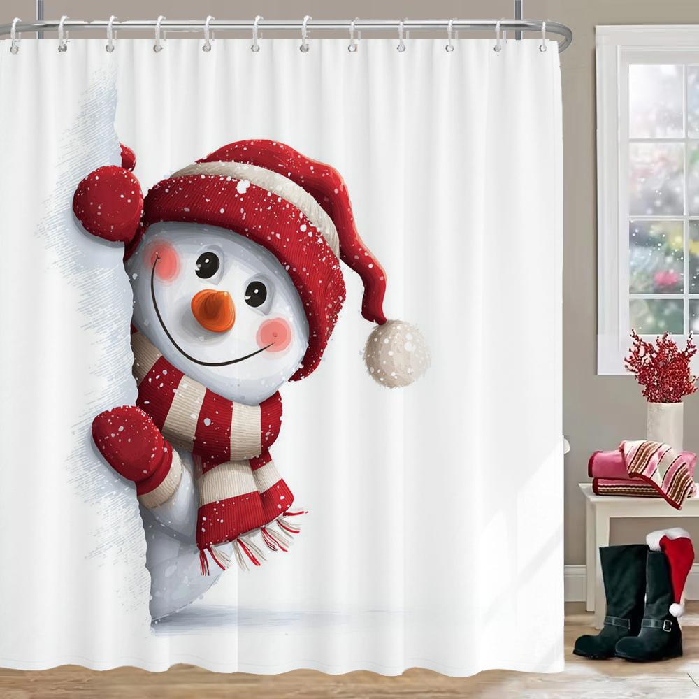 New Year Christmas Shower Curtains For Bathroom with Hooks, Cartoon Christmas Snowman Gifts For Xmas Bath Curtain Decor