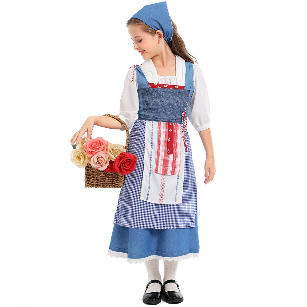 Kids Girls Children's Day Poor Maid Dress Apron Cosplay Costume Stage Performance Pastoral Farm Frence Maid Medieval Lolita Dress Up Halloween Outfit