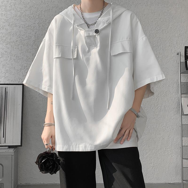 Summer Hooded T Shirt Men Half Sleeve Pullover Streetwear Loose T Shirt Drawstring Men Clothing Fashion