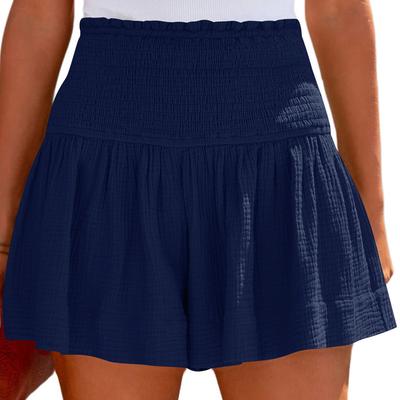 Shirred Shorts Plain Color Cotton High Elastic Waisted Pleated Ruffle Flowy Casual Shorts Dark Blue