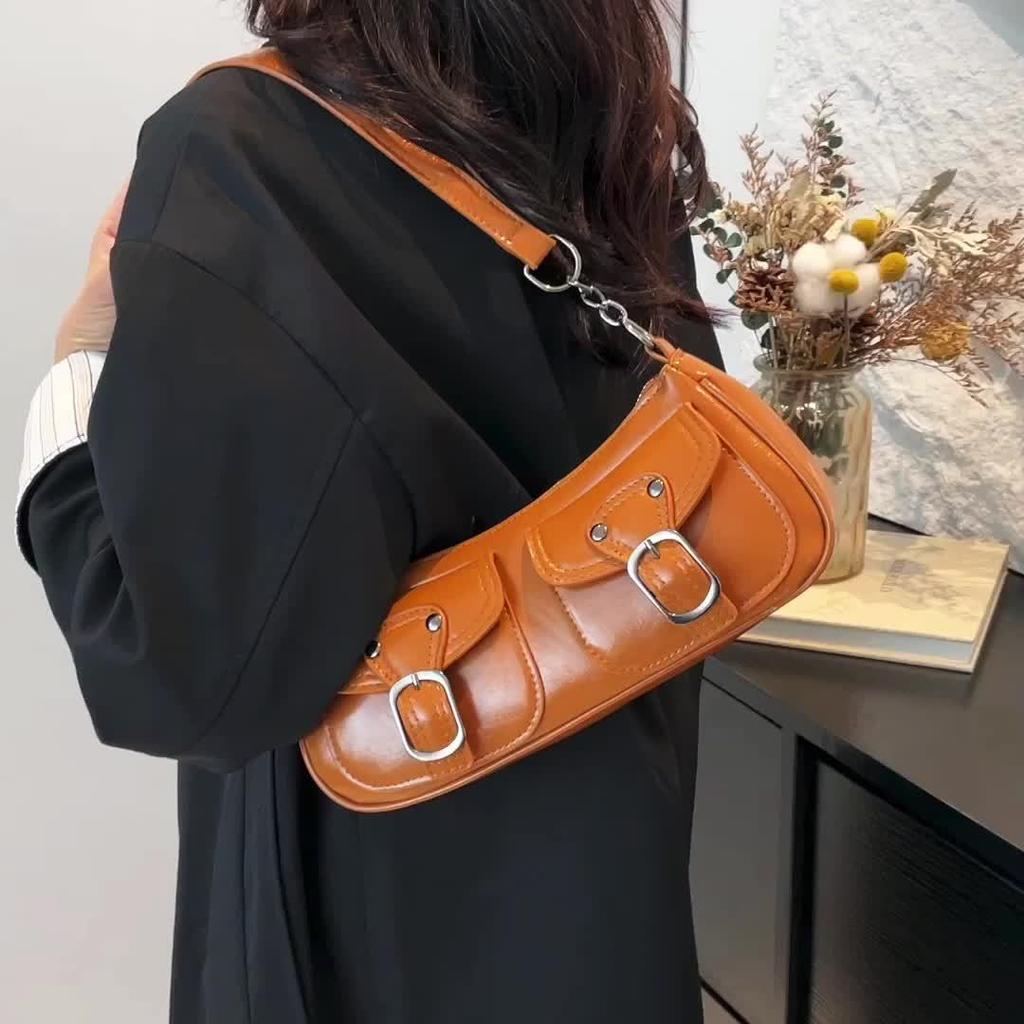 Stylish Women's Crossbody Bag Elegant Black Steampunk Shoulder Purse Zip Closure & Decorative Buckles Fashion Accessory Crossbody Purse