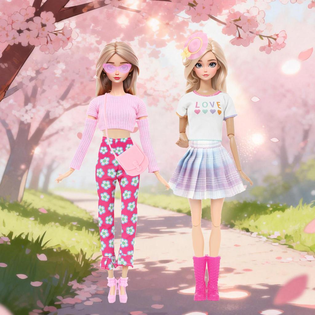 Pink Set 10 pcs 11.5'' Girl Doll Accessories 2 Tops Pants Shoes 1 Glasses Handbang Arm Sleeves Random Hairpin Kids Toy Gift