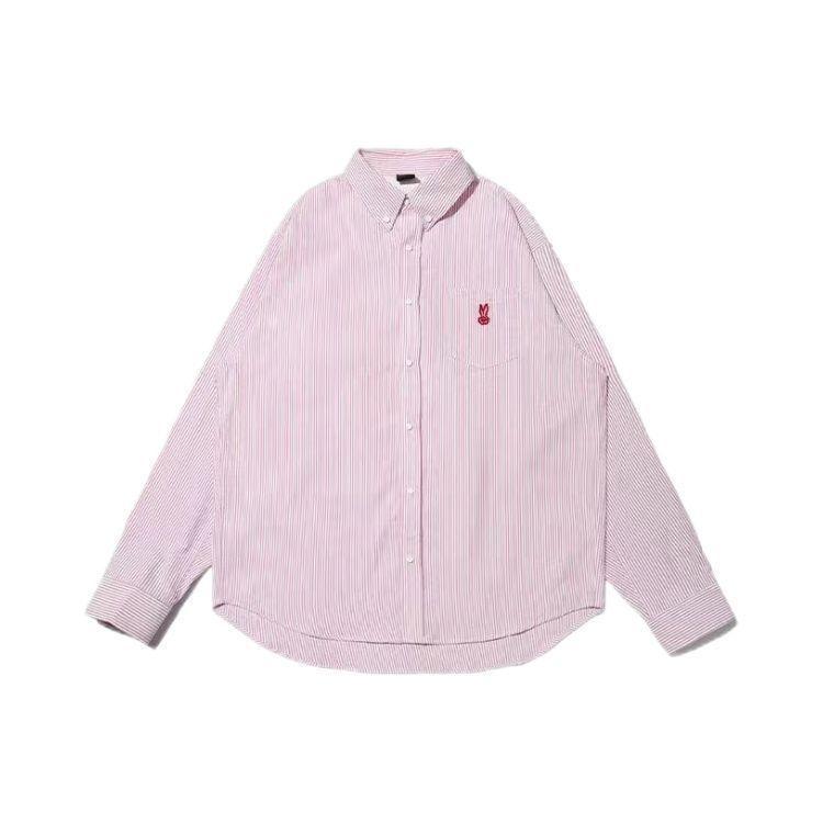 

Вышитая розовая полосатая рубашка в корейском стиле для женщин, свободная, универсальная, с ощущением высокого класса, как студенческая рубашка и кардиган для ношения на улице XL