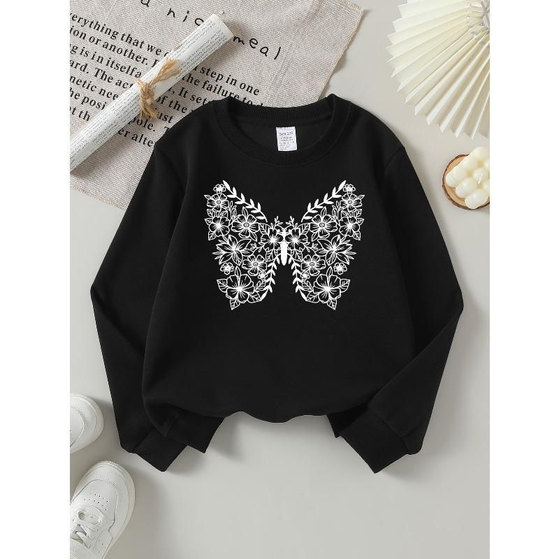 European sizes Girls Crew Neck Sweatshirt Floral Butterfly Pattern Design, Soft Cozy Pullover, Warm Casual for Autumn Winter.