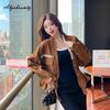Korean Fashion Spring Autumn Women Brown Denim Jacket V Neck Beading Loose Basic Coat Long Sleeve Stylish Feminine Ladies' Outerwear