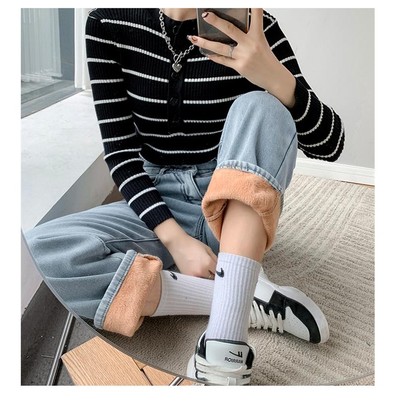 Vintage høy midje dame jeans vinter tykk varm Streetwear jeans med brede ben Dame dongeribukser Rett baggy mor dongeribukser