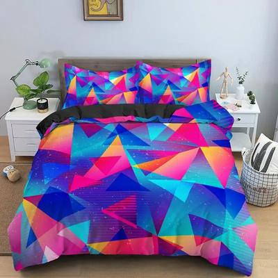 Geometrik Nevresim Takımı Retro Morden Renk Neon King Queen Nevresim Yastık Kılıfı 2/3 Parça Psikedelik Polyester Yatak Takımı