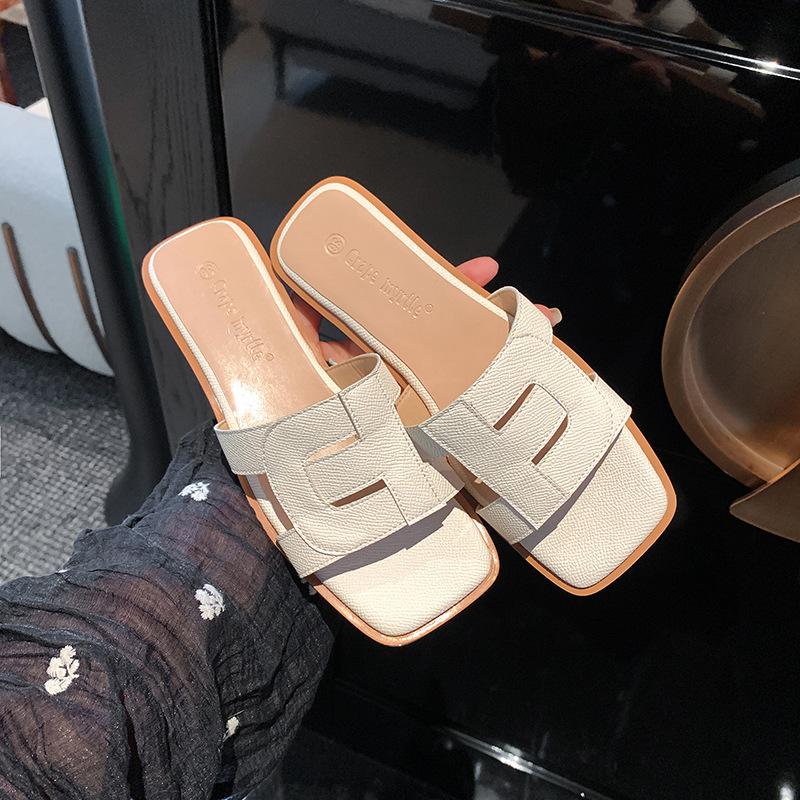 Slimming Shoes Square Toe Soft Sole Versatile Flat One-line Beach Slippers for Women