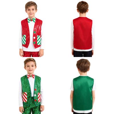 Boys Christmas Vest with Sparkly Sequins Sleeveless Santa Elf Waistcoat Bow Tie for Dance