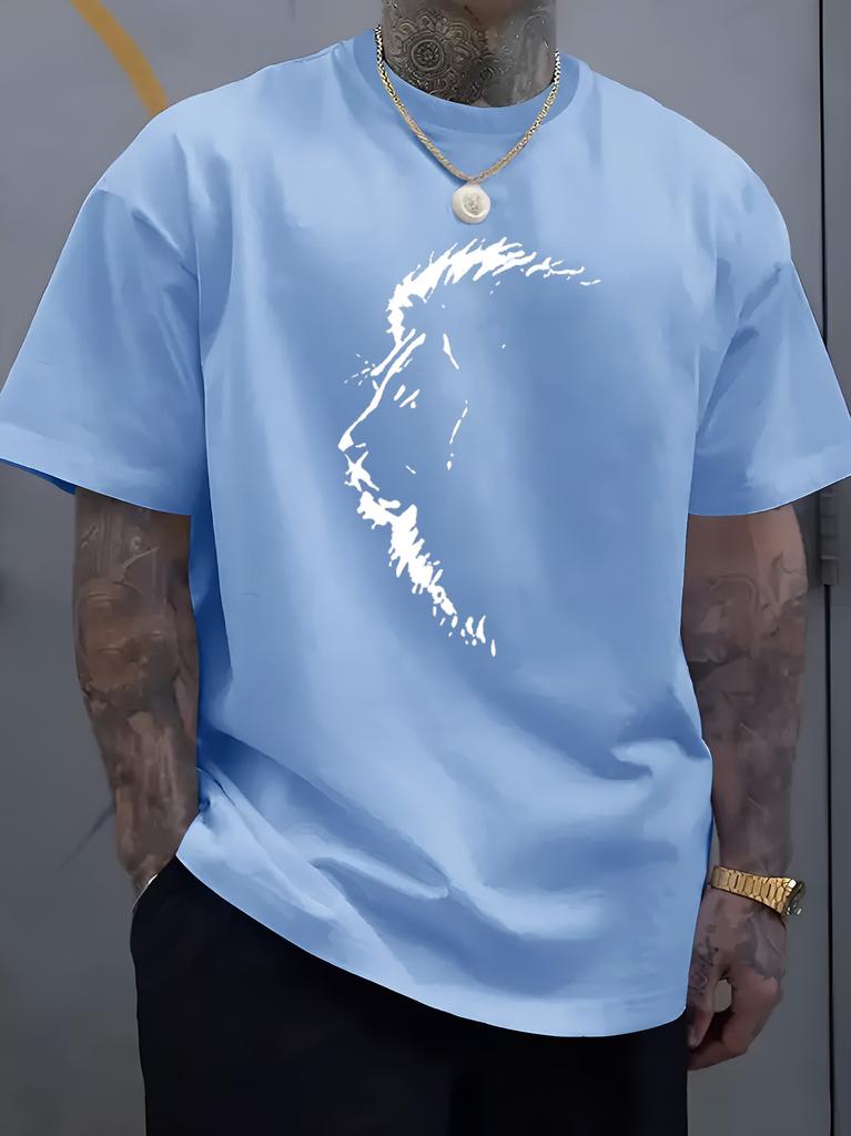 Male Black Round Neck T Shirt Distressed White Sketch Beard Unisex Profile Simple Monochrome Portrait Daily Soft Cotton Tees