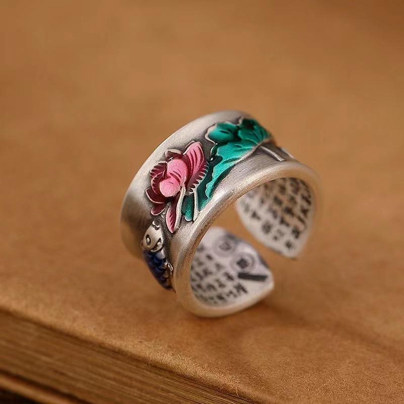 Vintage Ring Blue Koi Lotus Ring for Men and Women's Lovers Personalized Versatile Opening Adjustable