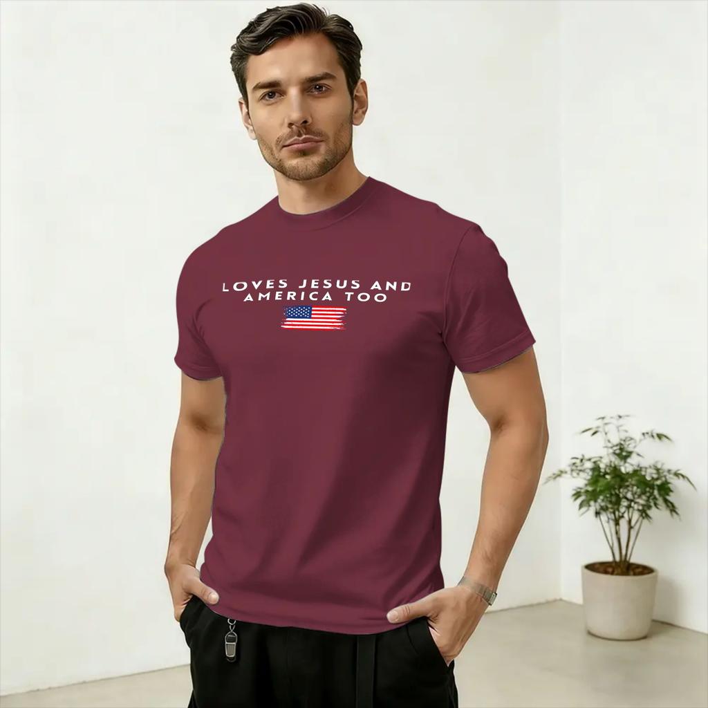 Loves Jesus and America Too 100 Cotton T Shirt For Adult Beach 4th of July Classic TShirts Round Neck Tees Plus Size Clothes
