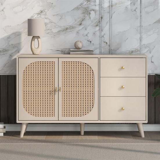 TV Desk Spacious Countertop with 3 Drawers 2 Doors Hutch Cabinet Ergonomic Handle Living Room Home Sideboard Dining Furniture Kitchen