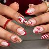 30 Pieces Of Christmas Wear Nails, Hand-painted Gingerbread Man, Snowflakes, Almond Nails, Striped Sugar Red French Manicure