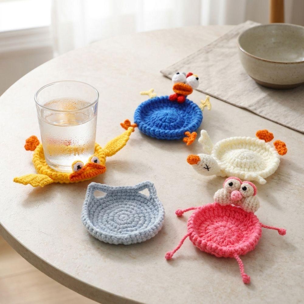 Non-Slip Crochet Animal Coaster Finished Cute Knitted Cup Mat Handwoven Coaster Coffee Cup