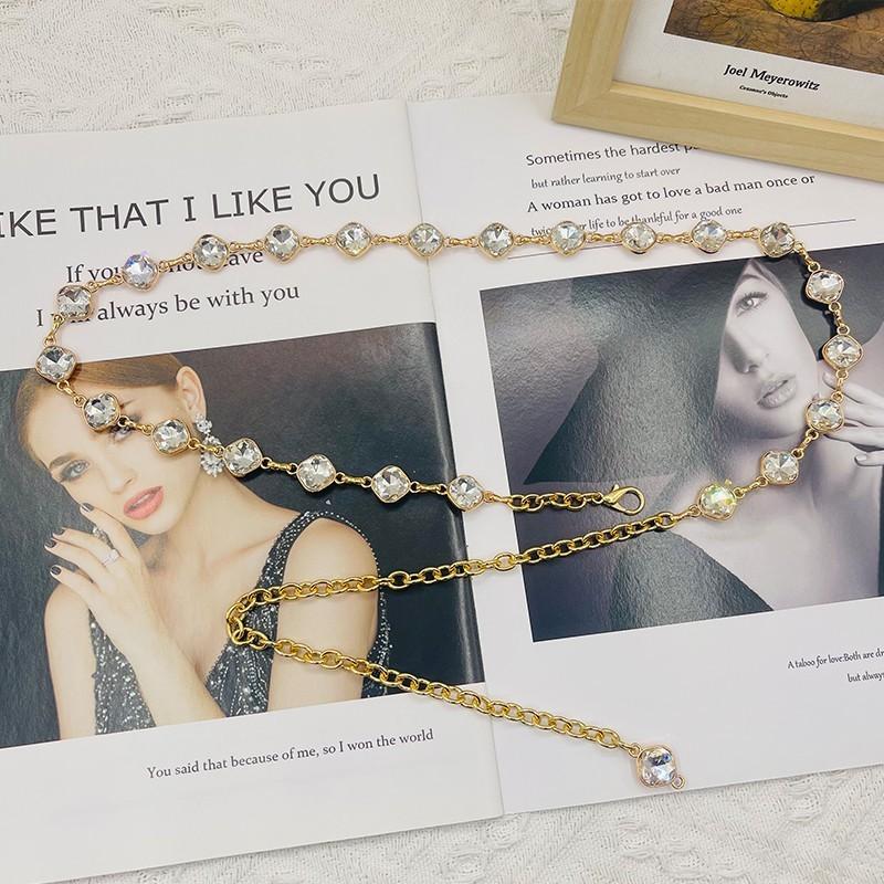 Water Crystal Waist Chain For Women Summer Fashion Metal Link Belt With Embellished Rhinestones Gold