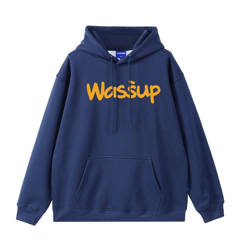 Wassup Trendy Brand Letter Sweatshirt for Men, Hooded, Loose, Casual, High Street Top, Jacket, Autumn and Winter, Fleece-Lined, Couple Style