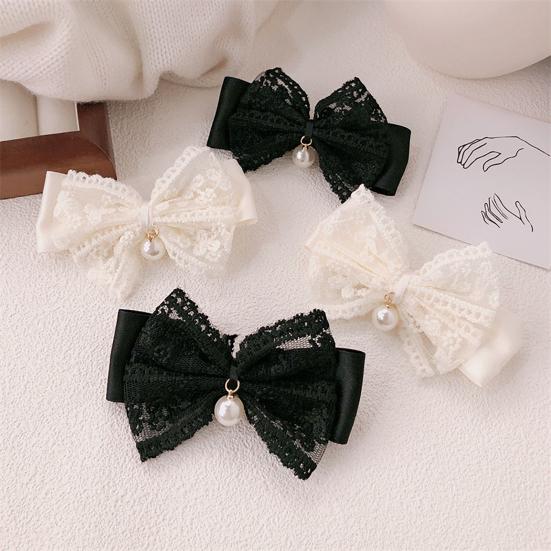 Hair Tie Ribbon Lace Bowknot Decor Imitation Pearl Pendant High Elastic Rubber Band Hair Rope Hair Accessories
