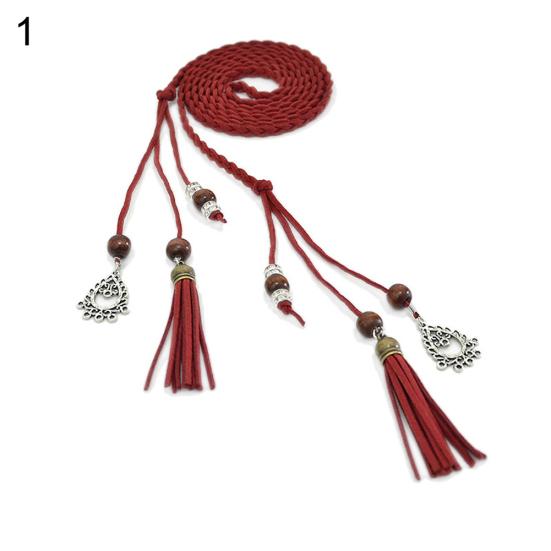 Women Braided Beads Tassels Thin Skinny Waist Rope Belt Self-Tie Dress Waistband