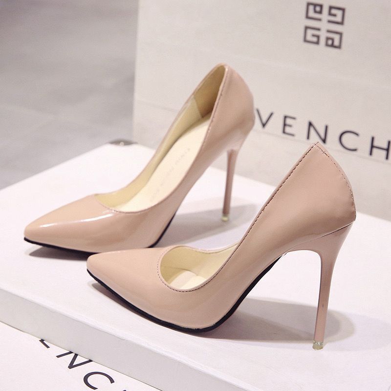 With skirt, small leather shoes, large size nude pointed high heels, women's spring and summer new thin heel cm glossy single shoes