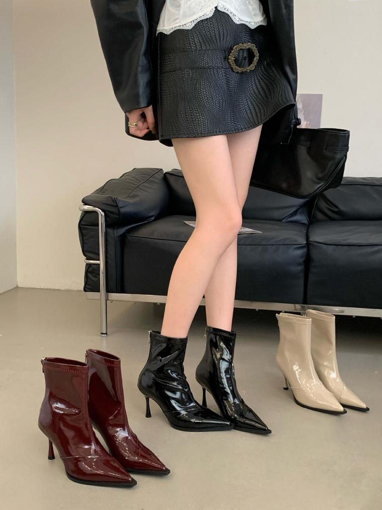 2025 Autumn and Winter New Patent Leather Pointed Thin Heel Short Boots Women's High Heel Glossy Fashion Thin Boots Feeling Boots