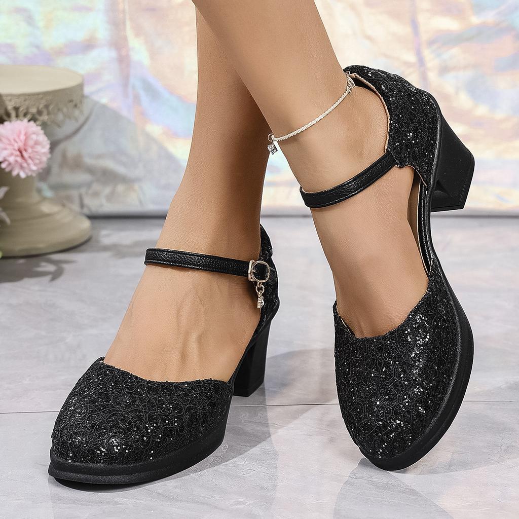 Fashion Plus Size Sequin Fabric Patchwork Round Toe Thick Heel Bling Sandals Ankle Buckle Shallow Mouth Super Size High Heel Sandals