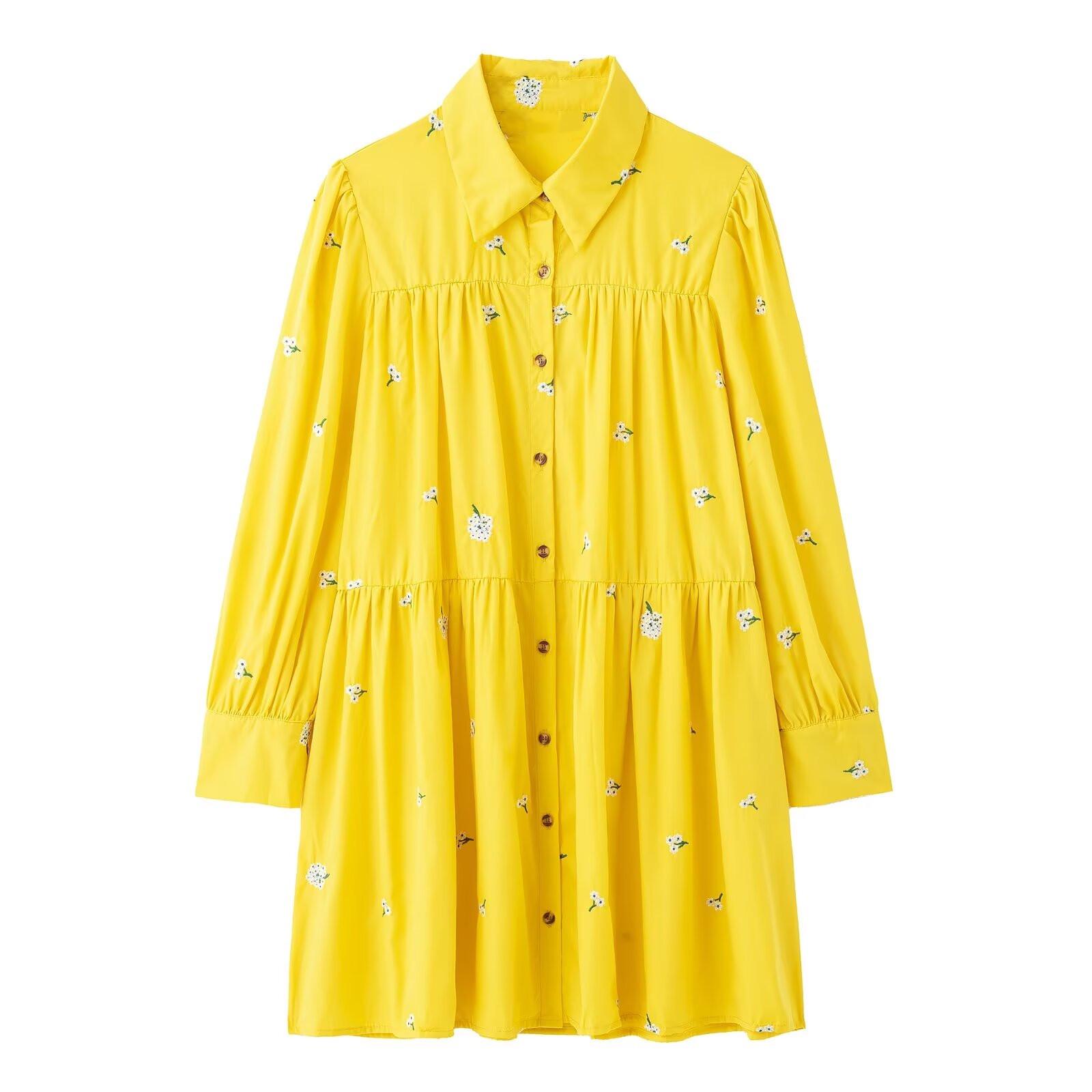 

Women s Spring 2025 Embroidered Lapel Mini Dress with Pleated Nine-Point Sleeves S жёлтый