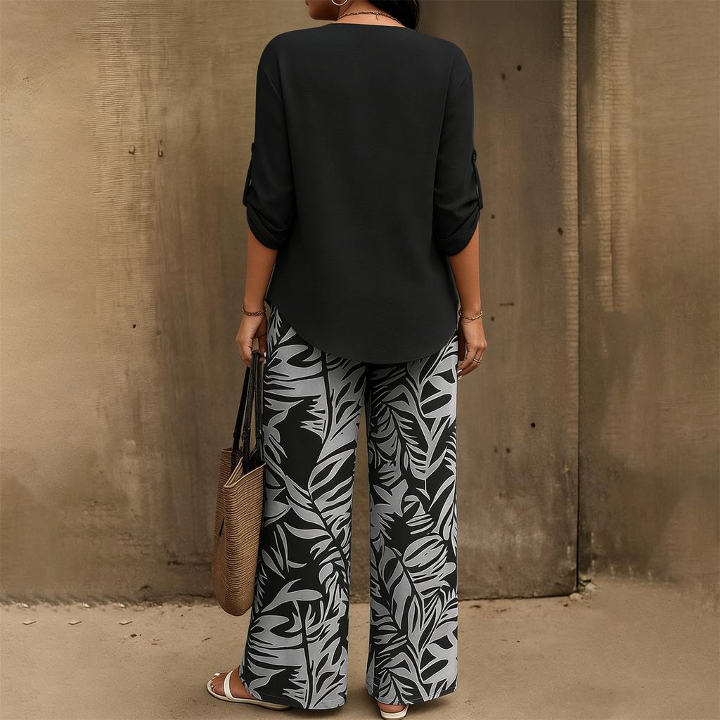 Damen 2-teiliges Mode-Freizeit-Set: Lockerer V-Ausschnitt-Top + Weit geschnittene Hose Loungewear