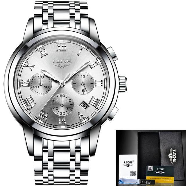 LIGE Waterproof Man Wristwatch Men's Watch Quartz Stainless Steel Band Chronograph Calendar Luxury Watches Relogio Masculino