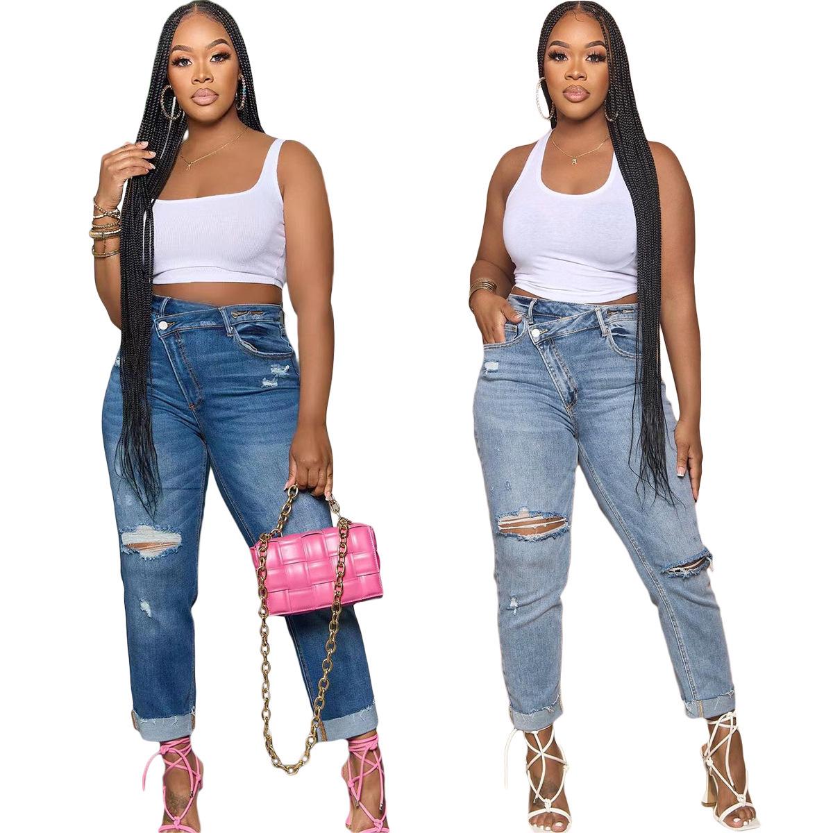 Women s Spring-Summer Ripped Diagonal Zipper Jeans S темно-синий