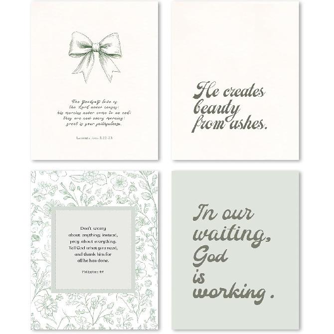 FGFK Girly Pink Christian Wall Art Prints Set of 4, Lamentations 3:23 Psalm 16:11 Psalm 27:1 Bible Verse Preppy Posters Pictures Wall Decor for Girls