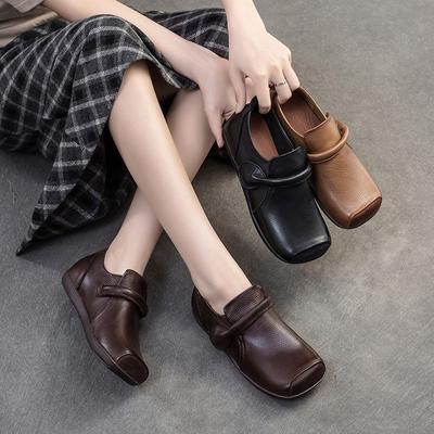 Chaussures plates décontractées à bout carré en cuir véritable pour femmes, chaussures rétro confortables à semelles souples