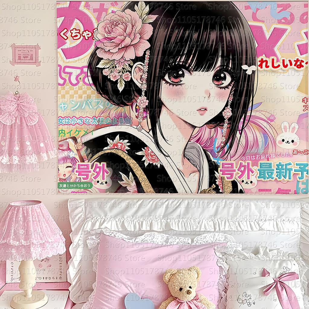 Japanese vintage style cute girlthemed wall hanging Ins background cloth student bedroom bedside decoration tapestry