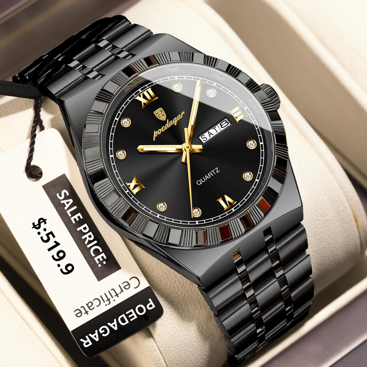 

Розкішний Чоловічий Бізнес Годинник Водонепроникний Світний День Тижня Дата Чоловічий Наручний Годинник Нержавіюча Сталь Трендові Кварцові Годинники чорний