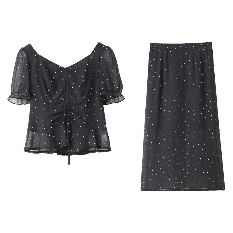 Frühlingshaftes Koreanisches Chiffon Prinzessinnen Zweiteiler-Set mit Rock mit elastischer Taille