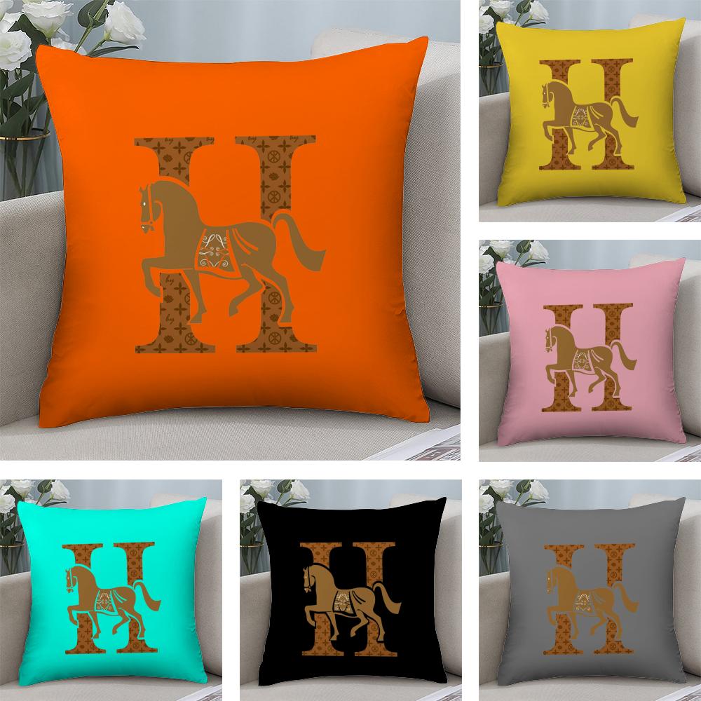 Classic Horse H Cross Leather Cushion Cover Soft Plush Fabric DoubleSided Printed Sofa Cushion Cover for All Seasons Home Decor